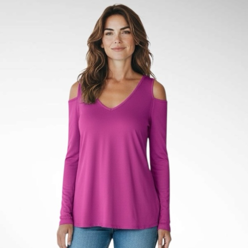 NWT Bar III Bright Fuschia Cold Shoulder Top V-Neck Long Sleeves